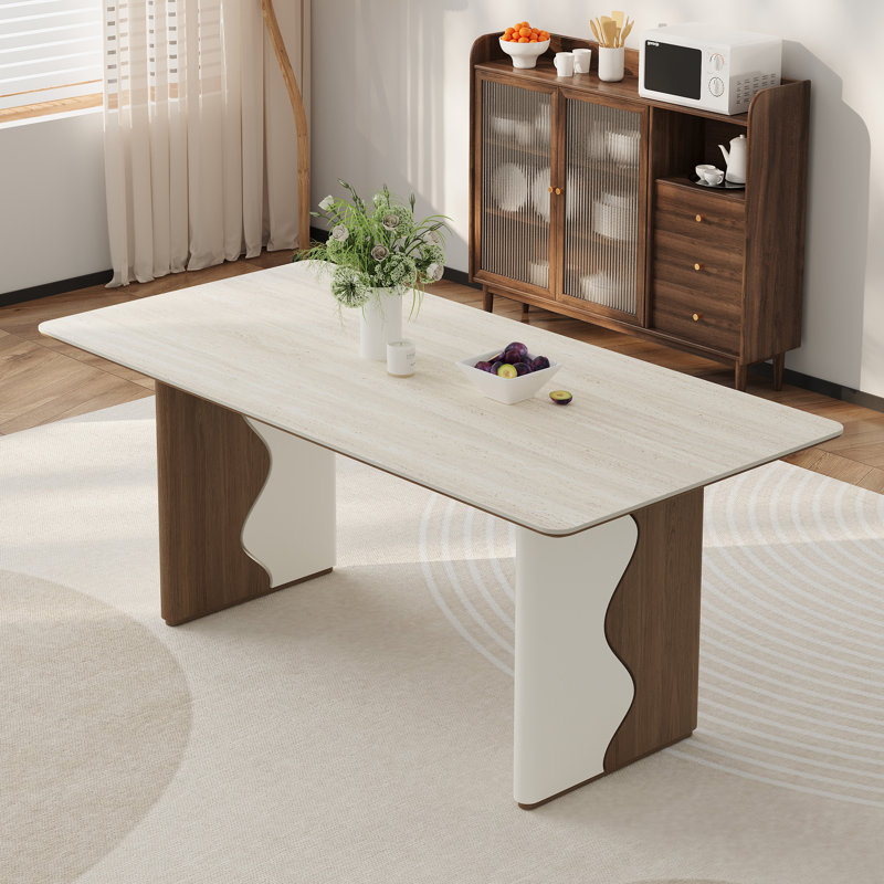 Table de salle à manger rectangulaire en pierre 63 po, table de cuisine à piédestal en bois manufacturé pour les sièges 4-6, table de salle à manger moderne crème pour le salon, la salle à manger