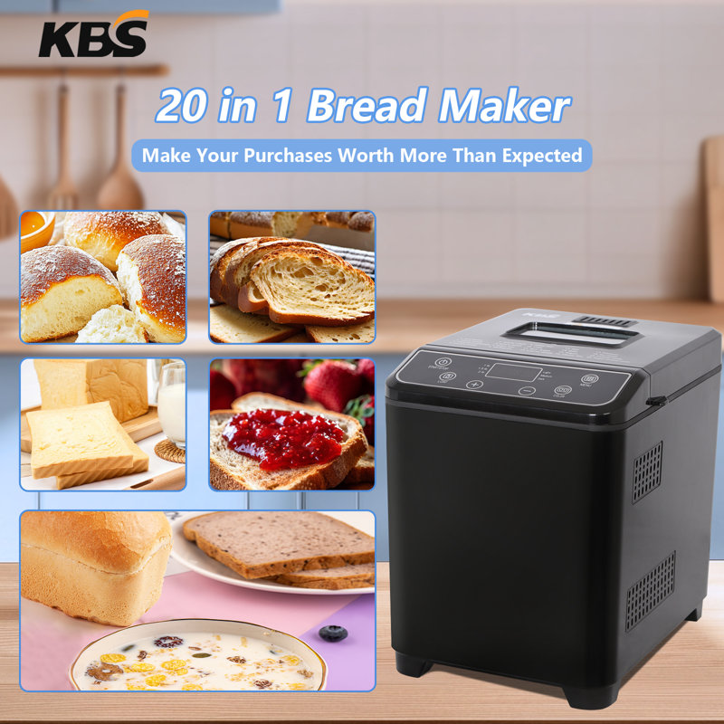 KBS 20-in-1 2LB Bread Maker Machine with 2 Custom Menus,Gluten-Free & 15H Delay Timer, Nonstick Pan, LCD Display, Black