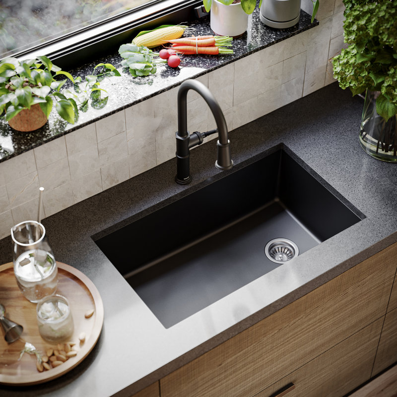 Karran Undermount Quartz Composite 31-3/4'' X 19-1/4'' Single Bowl Kitchen Sink, Black
