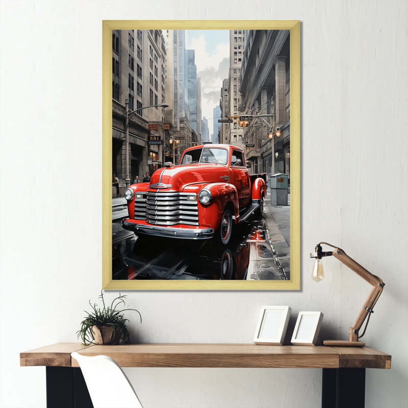 Camionnette rouge Laphonso Cityscape Hauler IV - impression, H 44 po x l 34 po x P 1,5 po, Encadrement doré