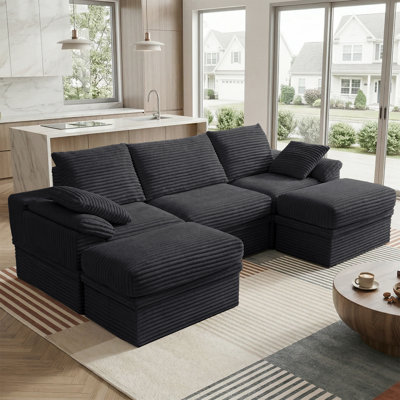 Boneless 107" Cloud Modular Sectional Sofa, 5-Piece U Shaped Corner Couch with Hidden Storage and 2 Ottomans, Modern Minimalist Corduroy Upholstered Sofa for Living Room, Extra Deep Seat, Easy Assembly Required