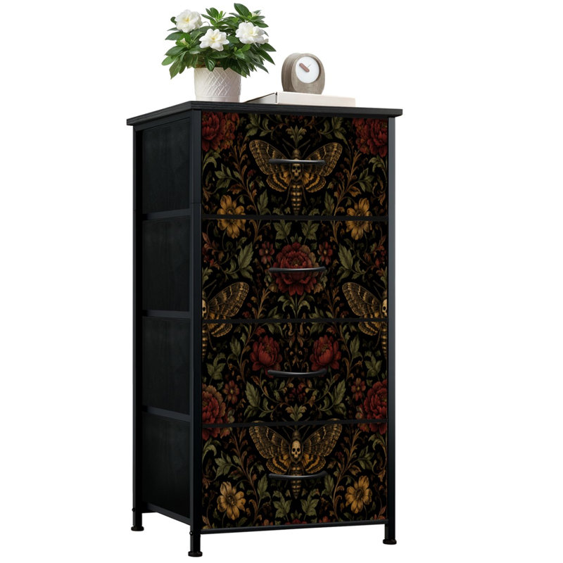 Commode pour chambre à coucher avec 4 tiroirs de rangement Crâne de papillon de nuit gothique foncé fleurs rouges Commodes de style botanique rétro Commode en acier avec cadre en placard