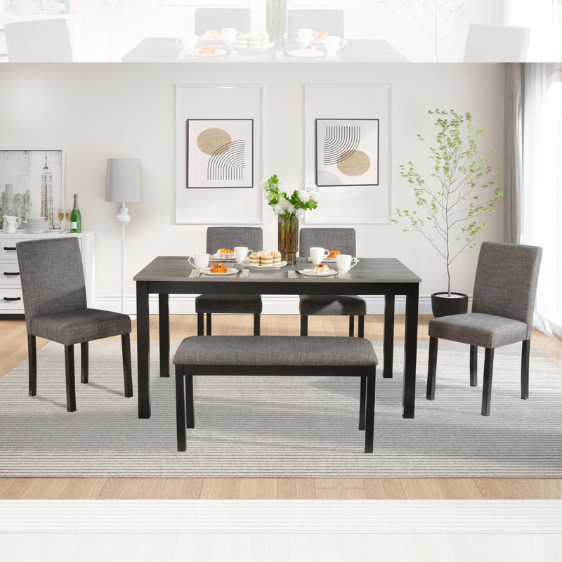 Ensemble de table à manger en bois 6 pièces, table en bois avec 4 chaises rembourrées et banc pour la cuisine, la salle à manger