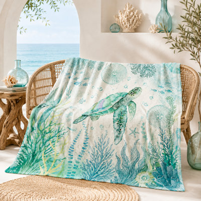 Luminous Turtle Blanket, Midnight Blue Floral Ocean Art with Glowing Sea Turtles, Flannel Material for Couch, Bed, Reading, Lounging and Relaxing, 50 x 60 in