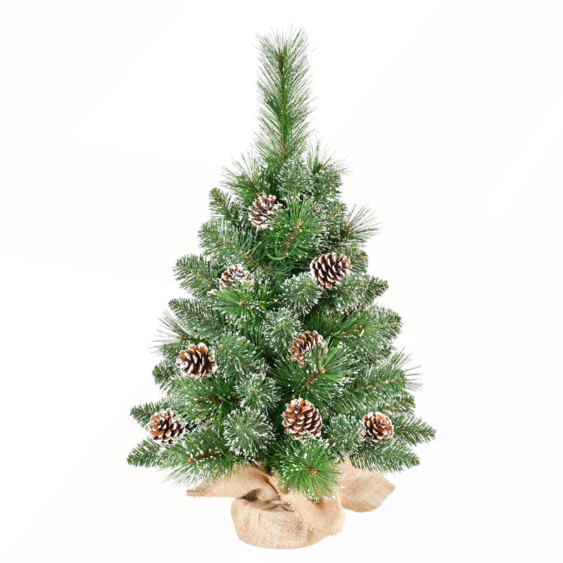 Arbre de Noël de table 2 pi avec 30 lumières DEL blanc chaud, 52 pointes blanches brossées et pommes de pin