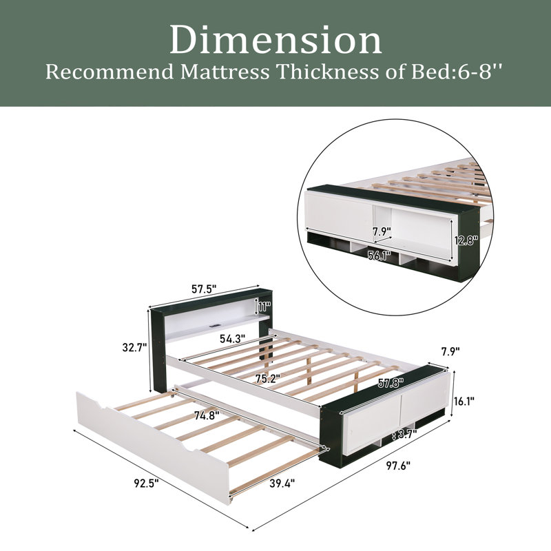 Lit plateforme double avec lit gigogne, tête et pied de lit avec rangement, conception de chargement USB, Vert
