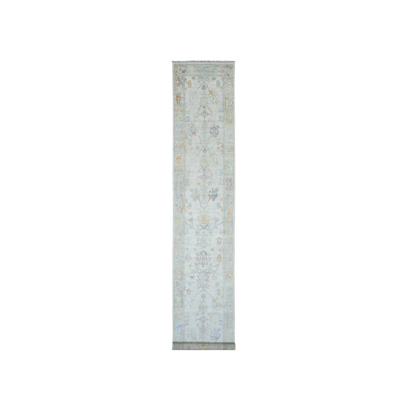 Tapis de couloir blanc en laine noué à la main 2 pi 8 po x 15 pi 7 po Angora