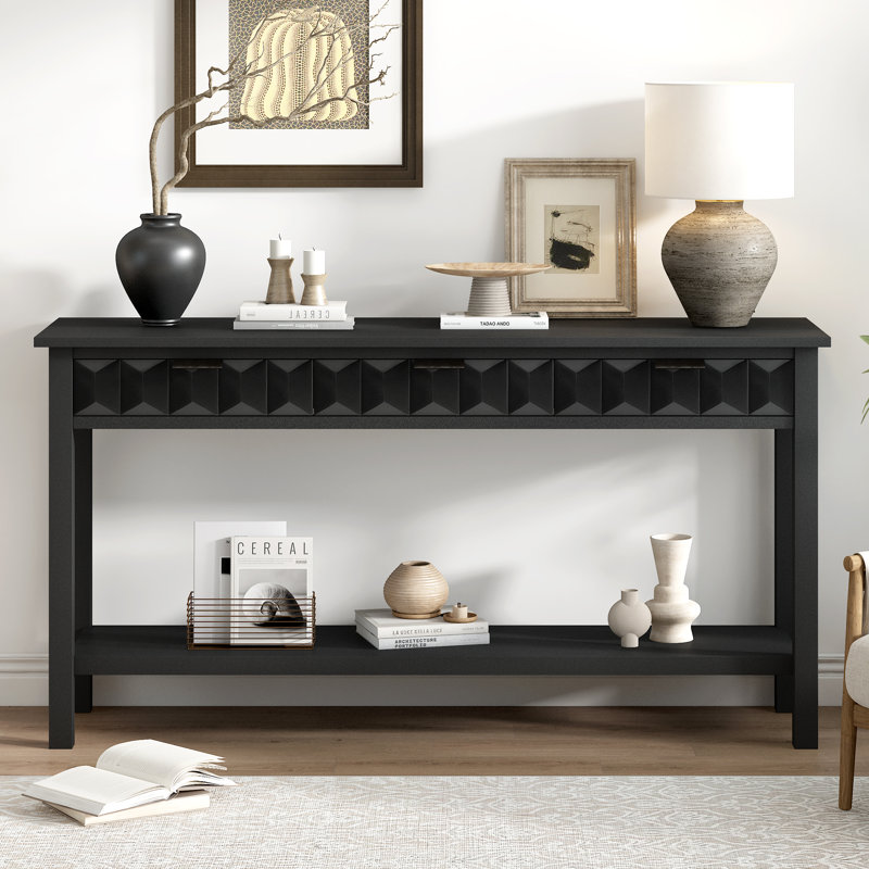 Console 60 po avec 3 tiroirs et pieds solides, Noir