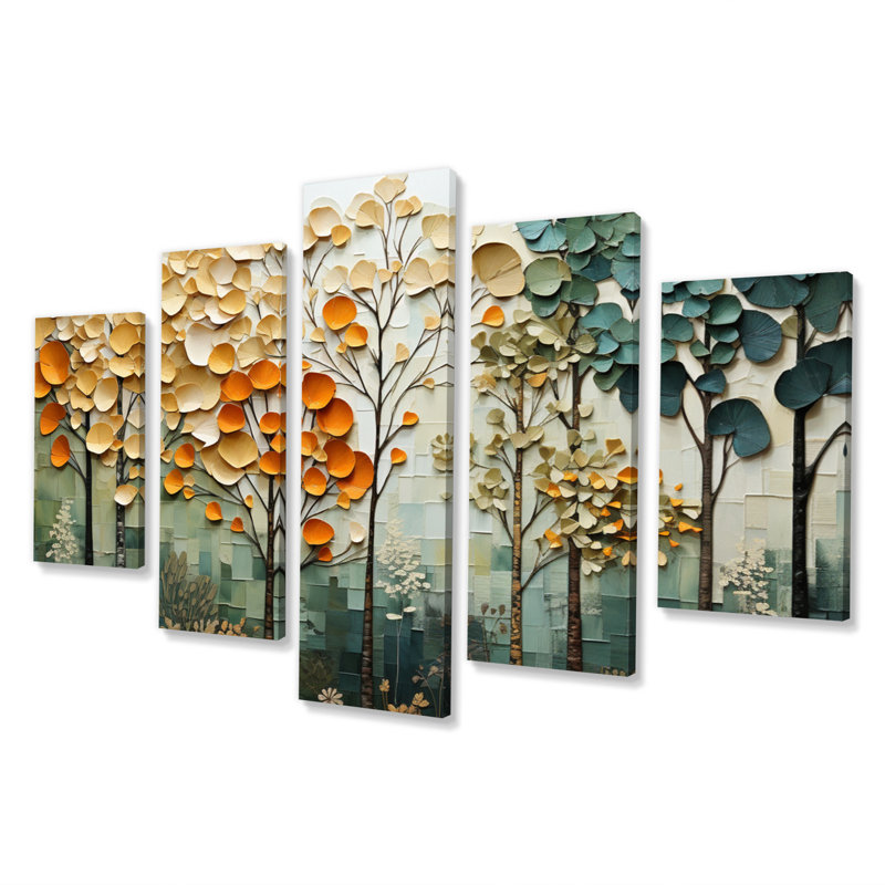 Orange orange, arbres verts, auvent en patchwork I - Paysage, art mural, salon, 5 panneaux