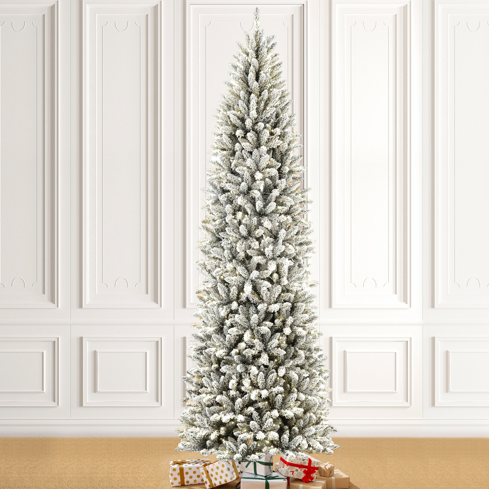 Johvan Slender Pre-Lit Flocked/Frosted Fir Christmas Tree with Lights, 9 ft