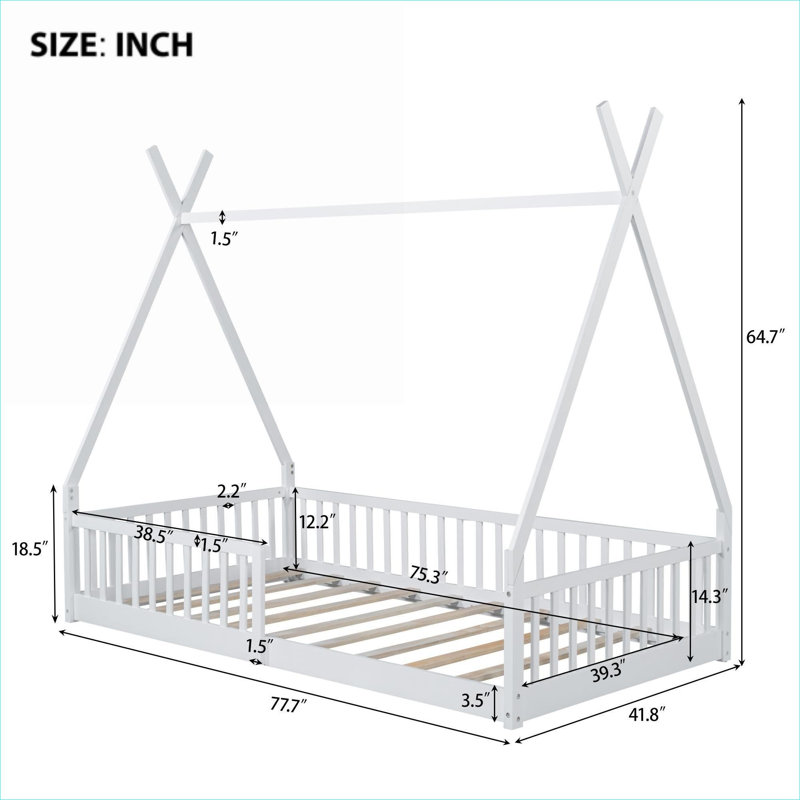 Lit plateforme simple en forme de maison fantaisiste avec clôture de sécurité, bois de pin blanc doux