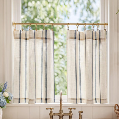 Rideaux rayés en lin pour fenêtres de cuisine bleu campagne, 2 panneaux; Rayures subtiles sur le lin; passe-tringle, filtre la lumière; cuisine, salle de bain