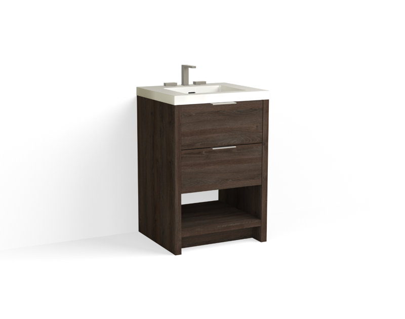Vue 24" W Freestanding Single Bathroom Vanity, Glossy White/8" Widespread, Nocino, Satin Nickel