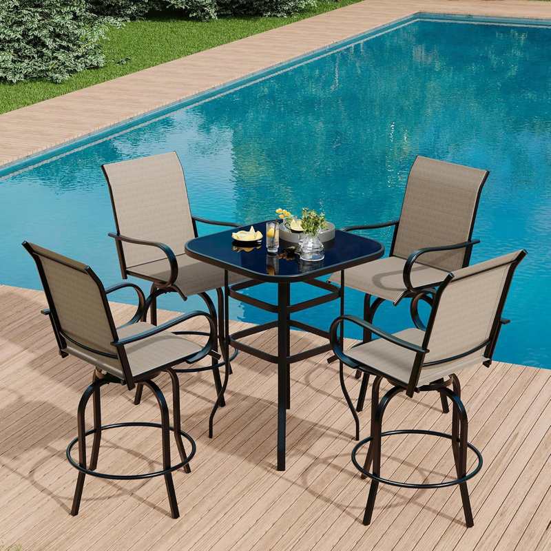 5Pcs  Outdoor Swivel Bar Set With 4 Swivel Chairs And Glass Top Table, All Weather Textile Fabric Outdoor Bar Height Chairs And Table Set Of 5 For Deck, Backyard