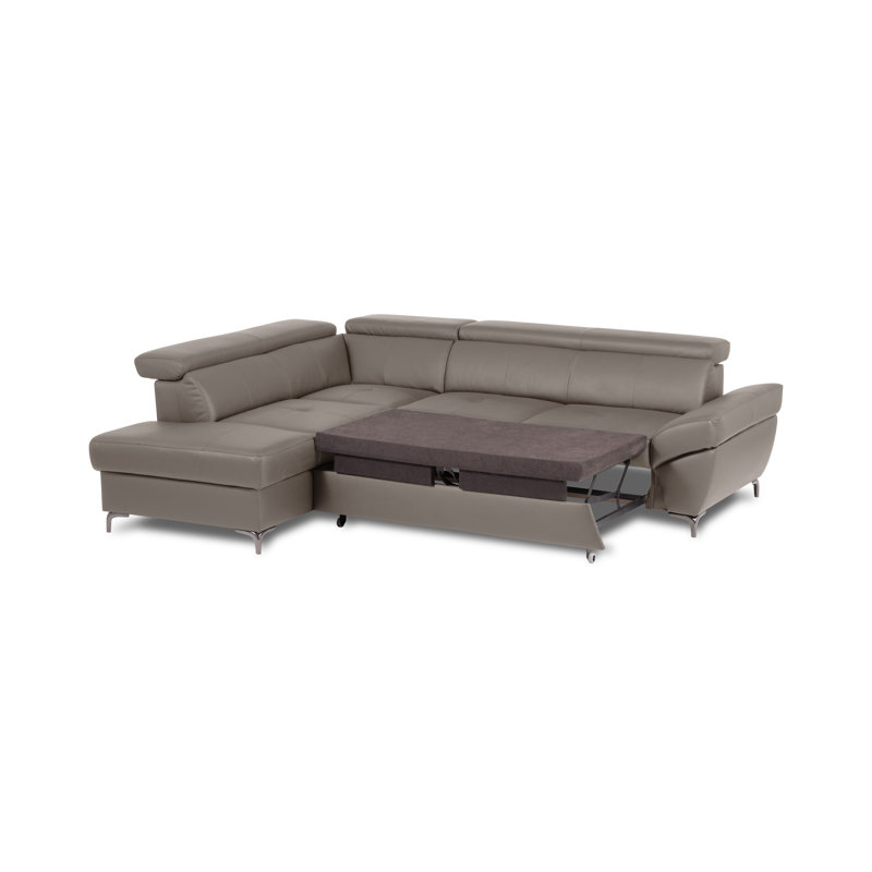 CAPRI Genuine Leather Corner Sofa with Pull-Out Bed and Storage and Adjustable Headrests, Left Hand Facing, Grey