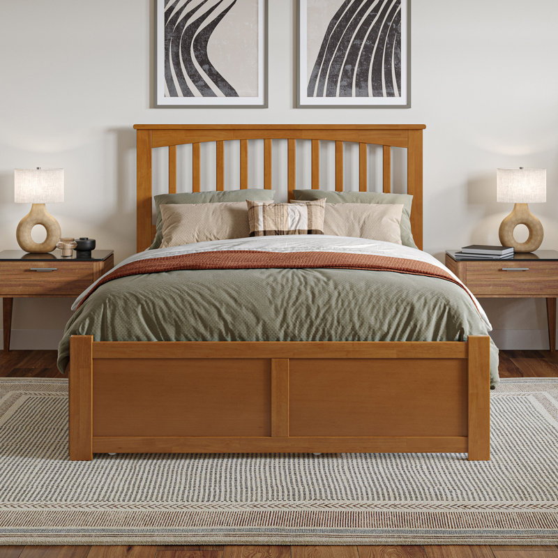 Mission Solid Wood Platform Bed with Panel Footboard and Roll Out Trundle, Full / Double