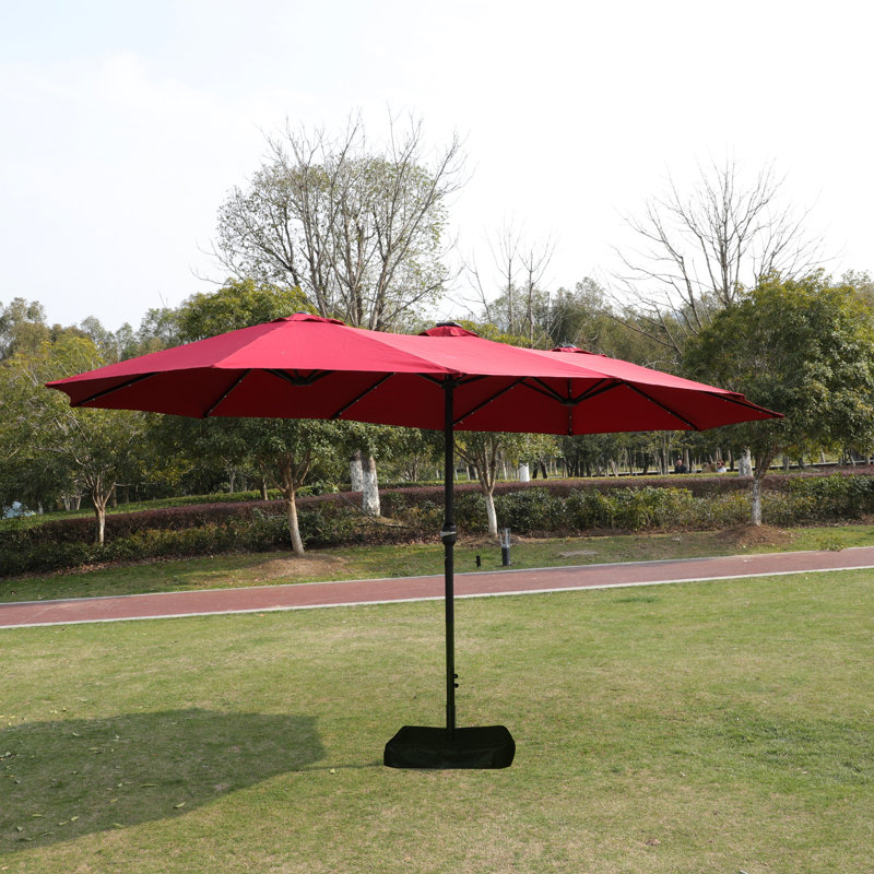 Parasol d'extérieur rouge 15 x 9 pi avec double base rectangulaire. Abat-jour supplémentaire pour le jardin, au bord de la piscine. - Auvent, structure en acier robuste, manivelle pratique, base de l'évent - Rouge. Grande cour arrière