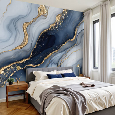 Boho Peel and Stick Wallpaper Abstract Blue Gold Fluid Art Elegant Waves Metallic Accents Wall Murals 100"H x 144"W Removable PVC Wall Paper Self-Adhesive Wall Decor for Nursery Classroom Kids Bedroom Living Room