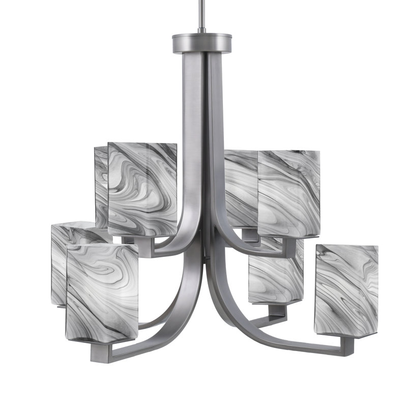 Lustre 8 lumières Apollo présenté en finition graphite avec verre tourbillon onyx carré de 3,5 po