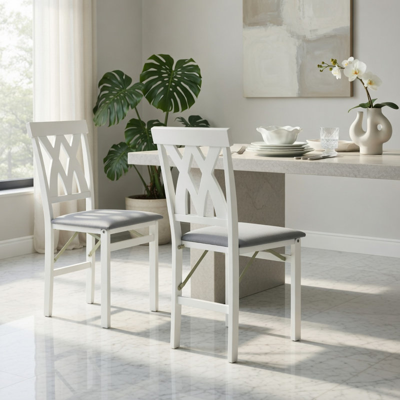  Ensemble de 2 chaises de salle à manger pliantes en bois, chaises de cuisine rembourrées en similicuir avec structure en bois d'hévéa, design compact, blanc