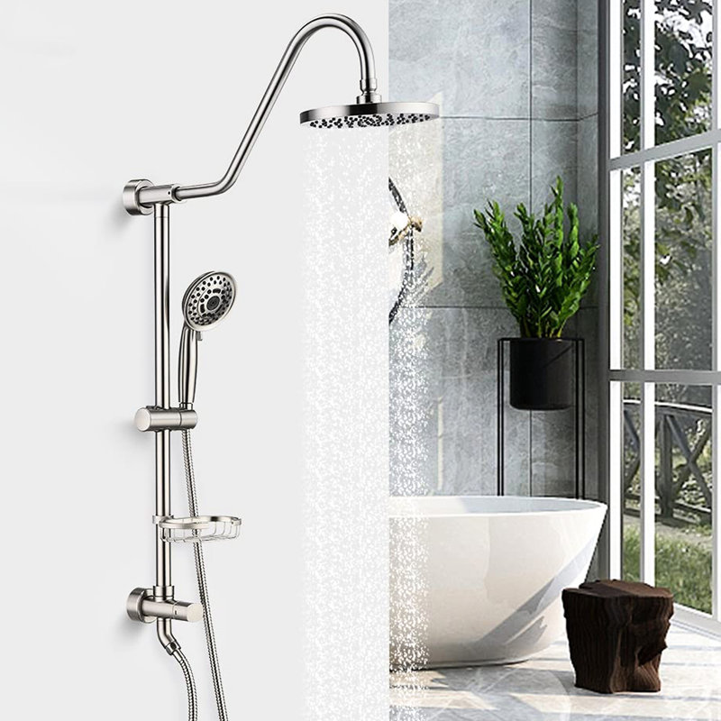 Shower With Rain Showerhead And 5 Handheld Shower, Rust-, Brushed Nickel Faucet 5 Spray Settings Hand Wall Mount Design, Stainless Steel,
