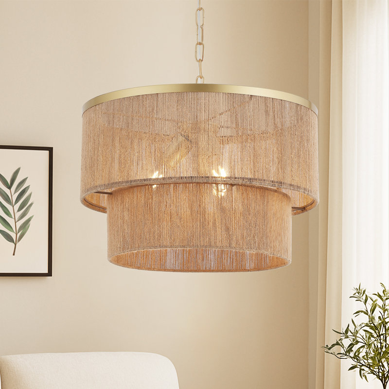 18" 3-Light Dimmable Drum Chandelier, Gold, Brown