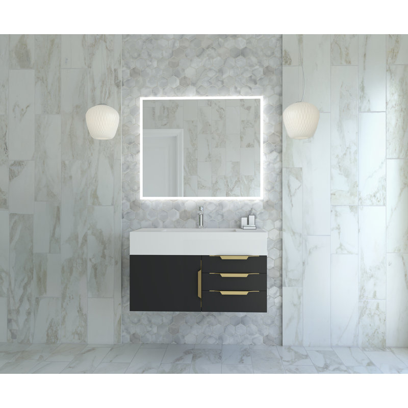 Ensemble de meuble-lavabo simple 36 po avec miroir Modern, Blanc, Noir, Or