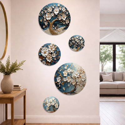 Blue and white Orchid Tree Golden Of Branches I - Tree Metal Wall Art Set of 5