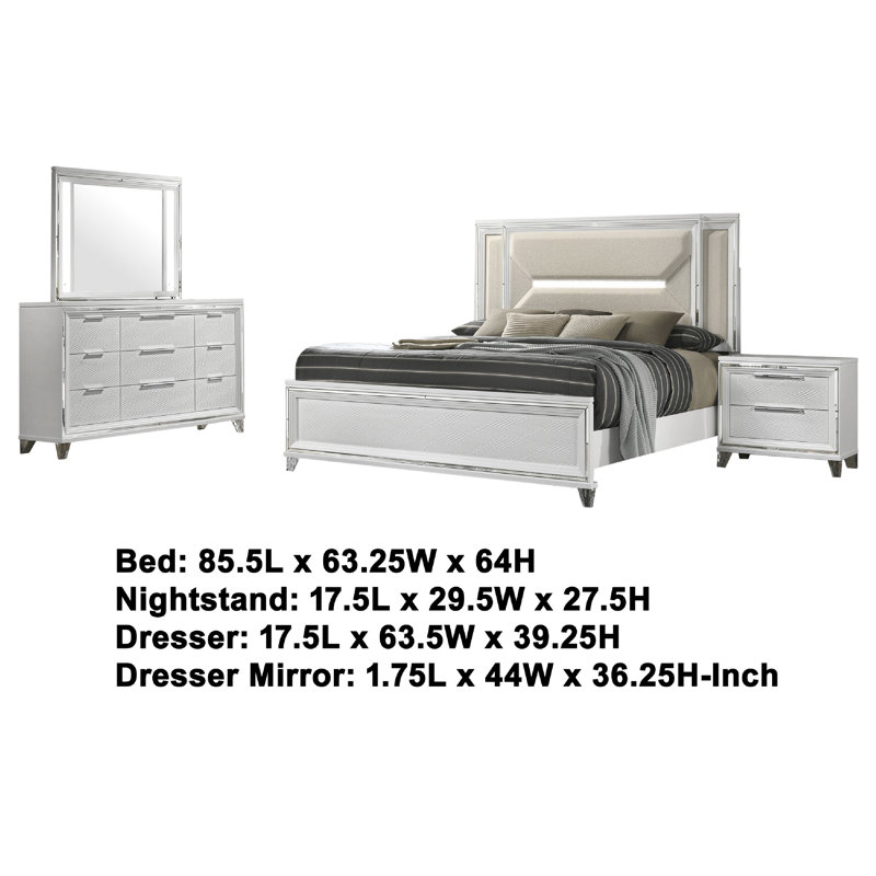 Ensemble de chambre avec grand lit 4 pièces Mory, motif à chevrons, DEL, bois blanc, Grand lit