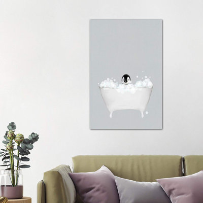 Penguin Blue Bath by Leah Straatsma - Wrapped Canvas Print