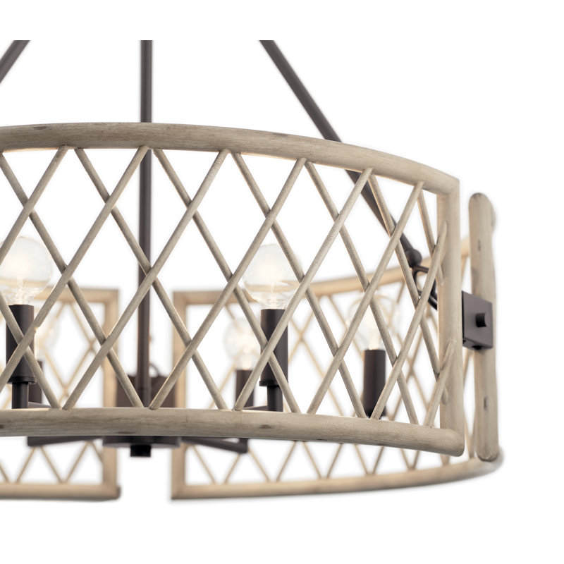 6 - Light Dimmable Drum Chandelier, White Washed Wood