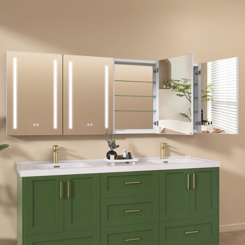 80'' W X 30'' H Recessed Or Surface Mount Frameless Lighted Medicine Cabinet With Mirror And 3 Adjustable Shelves Defogger Interior LED Lighting