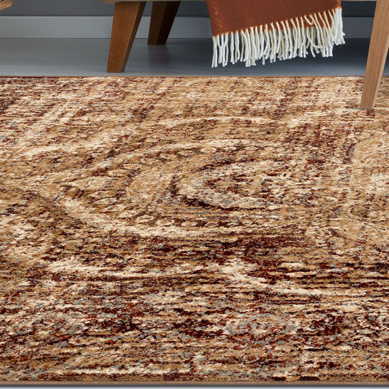Tapis abstrait brun et doré tissé à la machine 5 pi x 8 pi