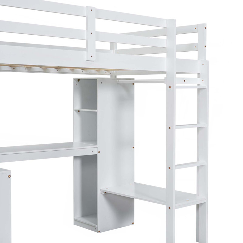 Lit mezzanine avec bureau en L, garde-robe et tablettes de rangement, Lit simple, Blanc