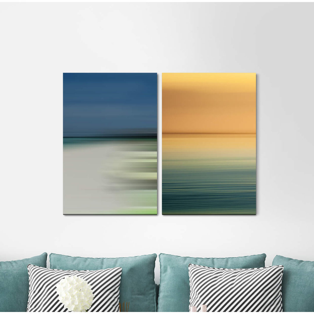 2-tlg. Leinwandbilder-Set - Grafikdruck „Horizon Water More Gold Blue Minimal Modern”