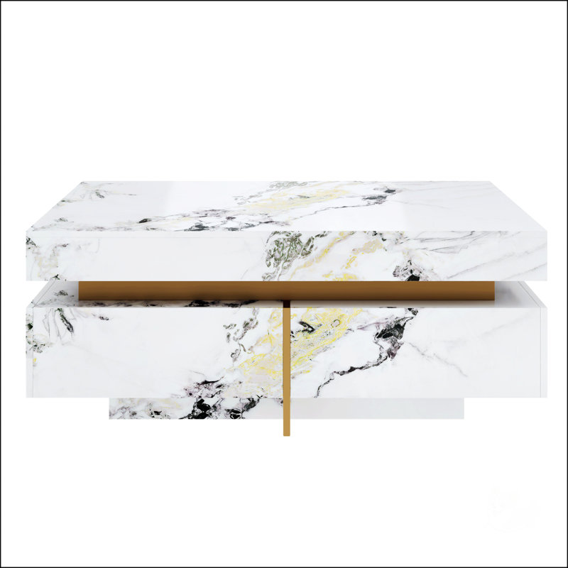 Table basse moderne carrée texturée en marbre avec 4 tiroirs et base suspendue