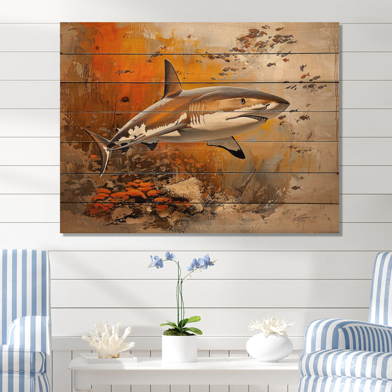 Swimming Beige Shark Resilience III - Modern Wood Wall Decor On Natural Pine Wood, 10" H x 20" W