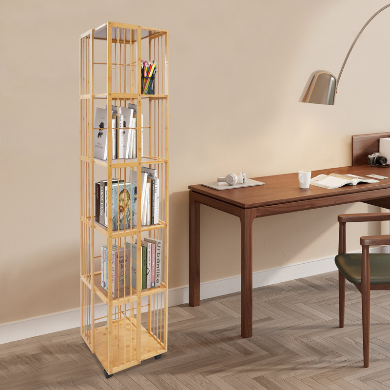 Bibliothèque 63 "H 63,8" x l 14,6 "à 6 niveaux rotative à 360 degrés avec roues, Naturel