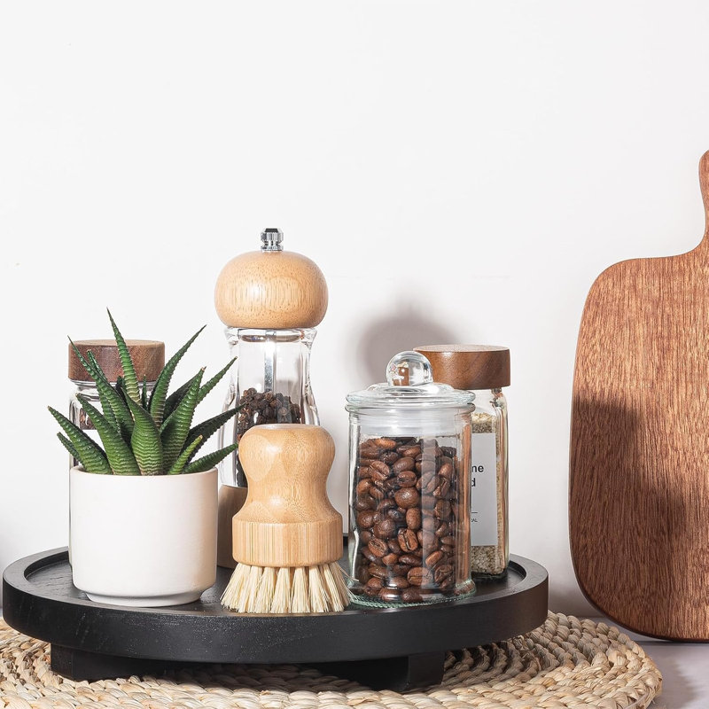 Plateau décoratif rond en bois, organisateur de comptoir de salle de bain, style campagnard, rehausseur en bois pour porte-savon, parfum, chandelle, éponge, 25 cm - Noir