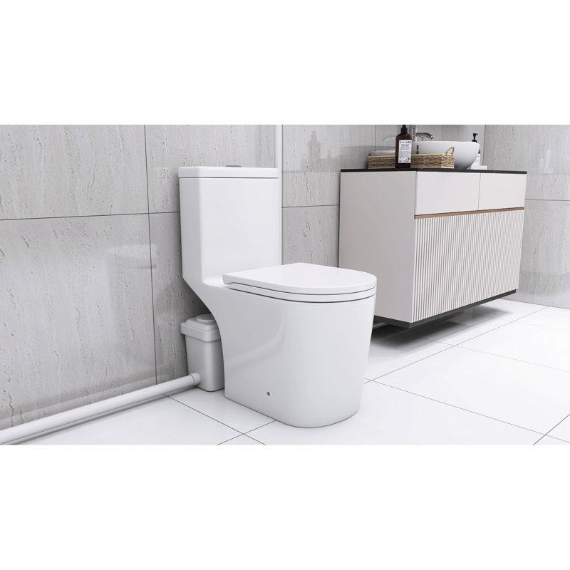 Système de toilette 600W Macerating pour le sous-sol: double chasse, siège confortable à fermeture en douceur de 17,25 po, 3 entrées, rénovation moderne du sous-sol blanc: fermeture en douceur confort, eau