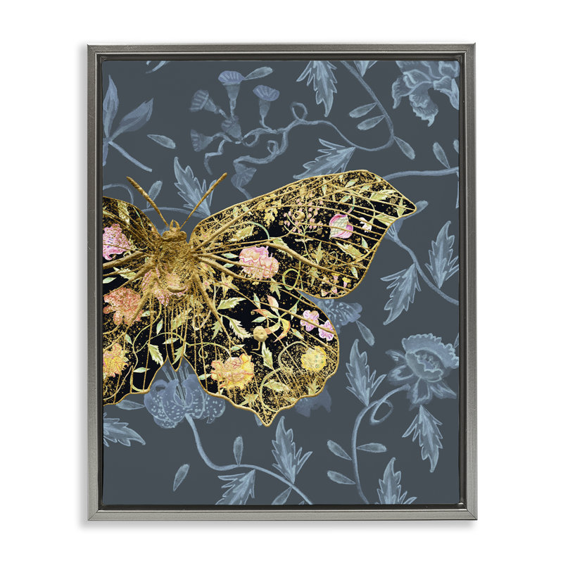 «Blue and Gold Butterfly» par Melissa Wang, Cadre flottant gris lustré, H 21 po x l 17 po