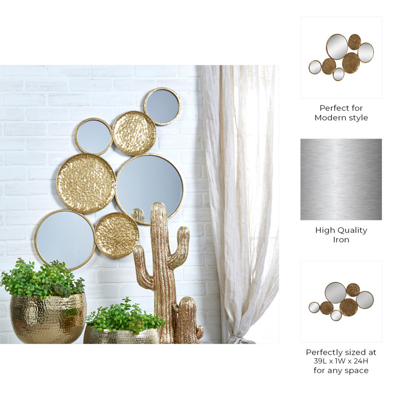 Modern Metal Wall Mirror with Overlapping Circular Design, Textured Iron and Glass Decorative Accent   