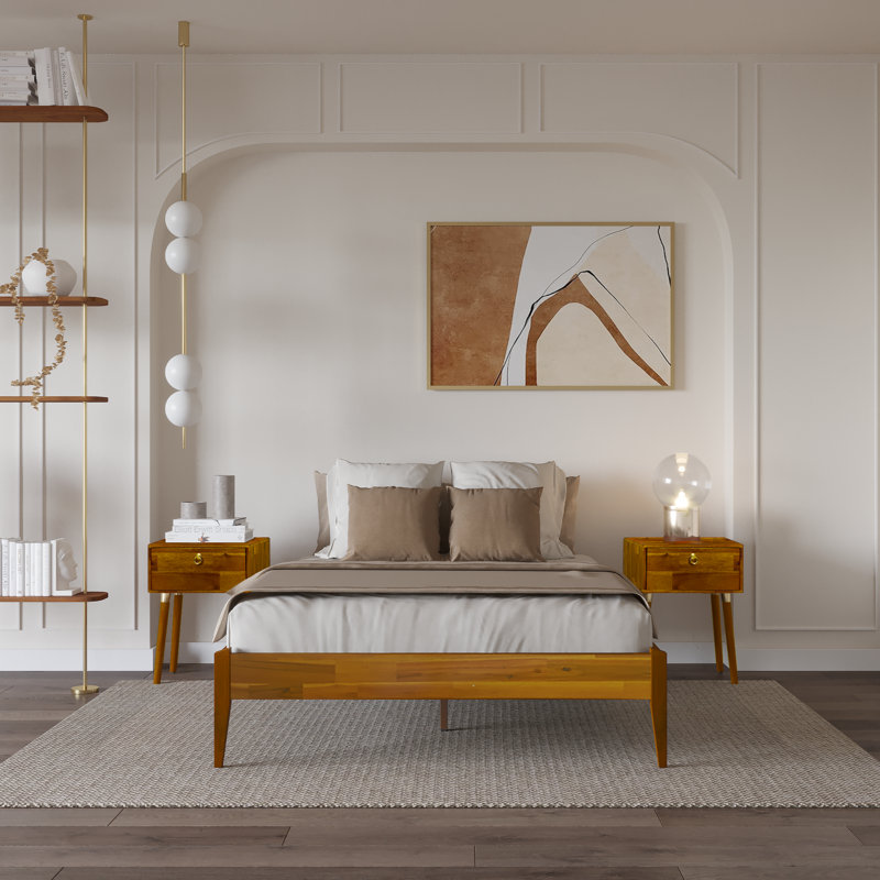 Finney Solid Wood Platform Bed without Headboard, Mid-Century Modern Bed Frame, Caramel, Full