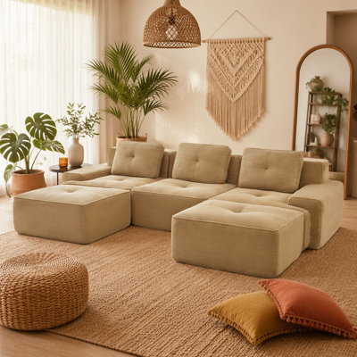 117 Inch Modern U-Shaped Modular Sectional Sofa, Corduroy Fabric, Deep Seat, Movable Ottoman, Pearl-like Piping, Tufted Design, No Assembly, Anti-slip Design, Camel