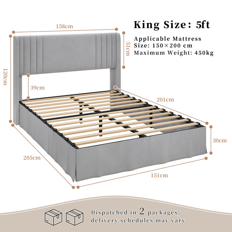 Upholstered Bed, Grey, King(5'), Velvet