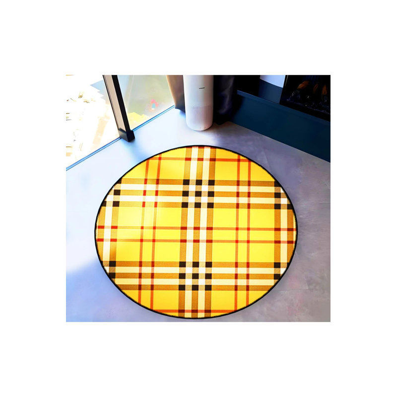 Yellow And Black Plaid Patterned Heart Detailed Woven Base Decorative Carpet, Round 2'8"
