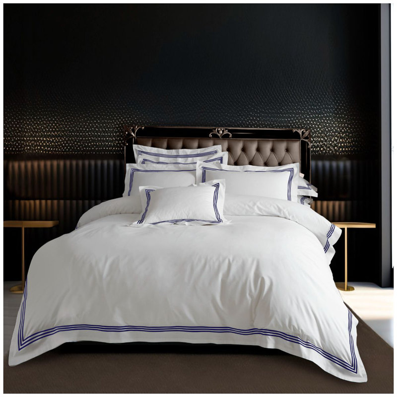 Cotton Blend Duvet Cover with Pillowcases, Kingsize Duvet Cover + 2 Standard Shams, White/Blue