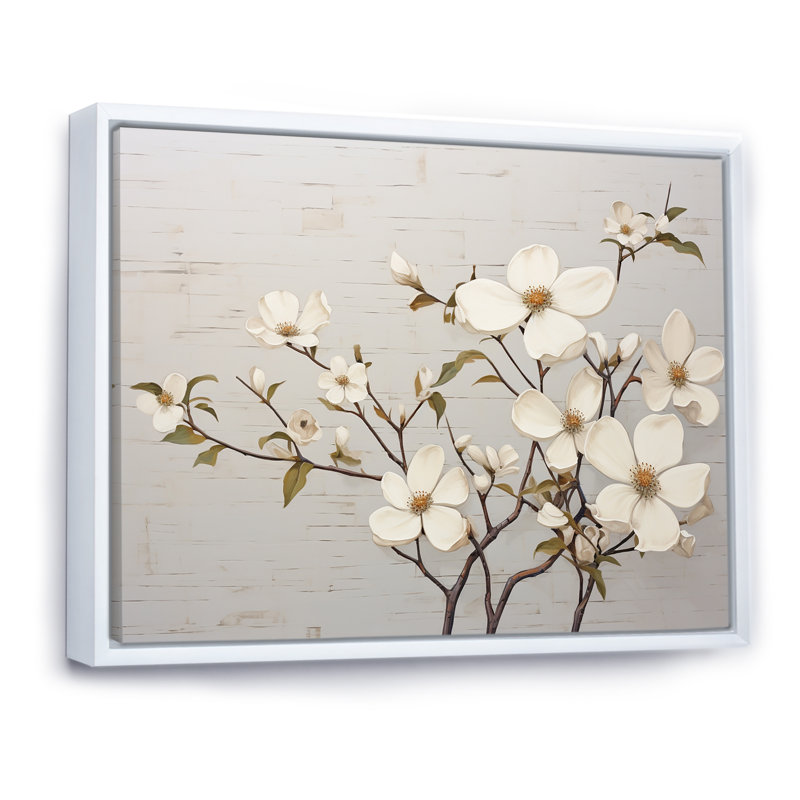 «White Dogwood Blossom Scenery VII», reproduction sur toile, Cadre flottant blanc, H 16 po x l 32 po x P 1 po
