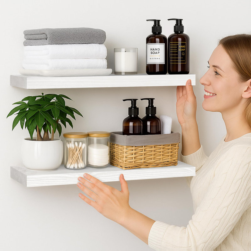 Solid Wood Floating Shelves，Rustic Wooden Wall Shelves, 1.25" H x 24" W x 6.7" D, White
