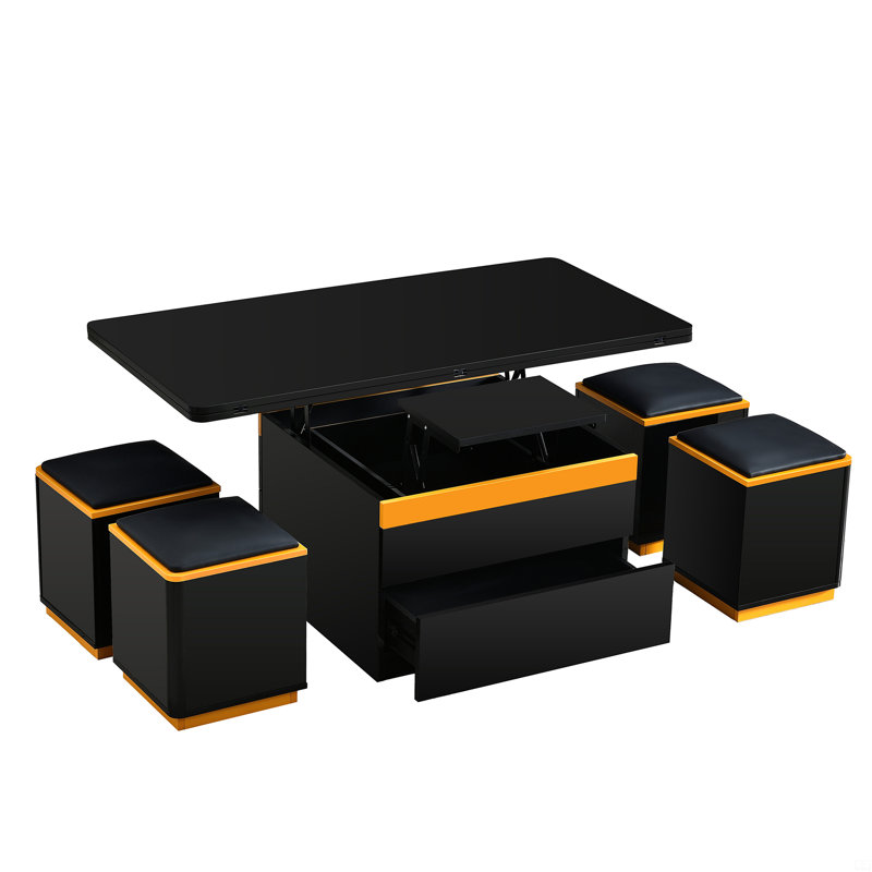 Lift-Top Coffee Table With 4 Storage Stools, Space Saving Centre Table With Foldable Top, Multi-Functional Adjustable Coffee Table